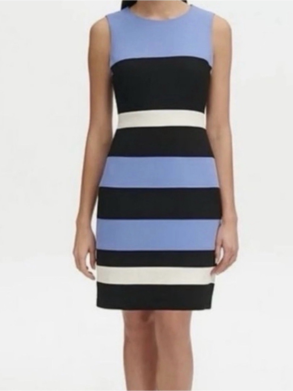 Tommy Hilfiger Black, blue & white striped fitted sleeveless dress